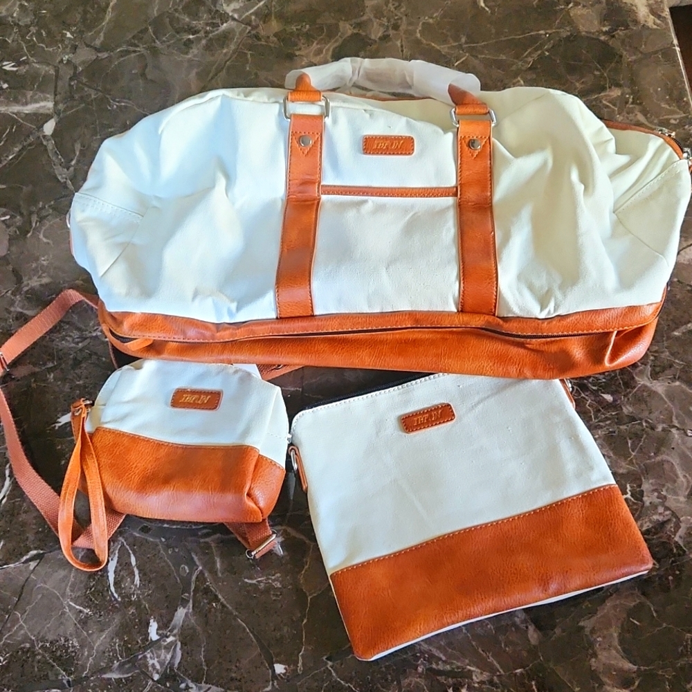 NEW Canvas bags w/ leather trim. SET of 3: duffel bag + wristlet + cosmetic bag